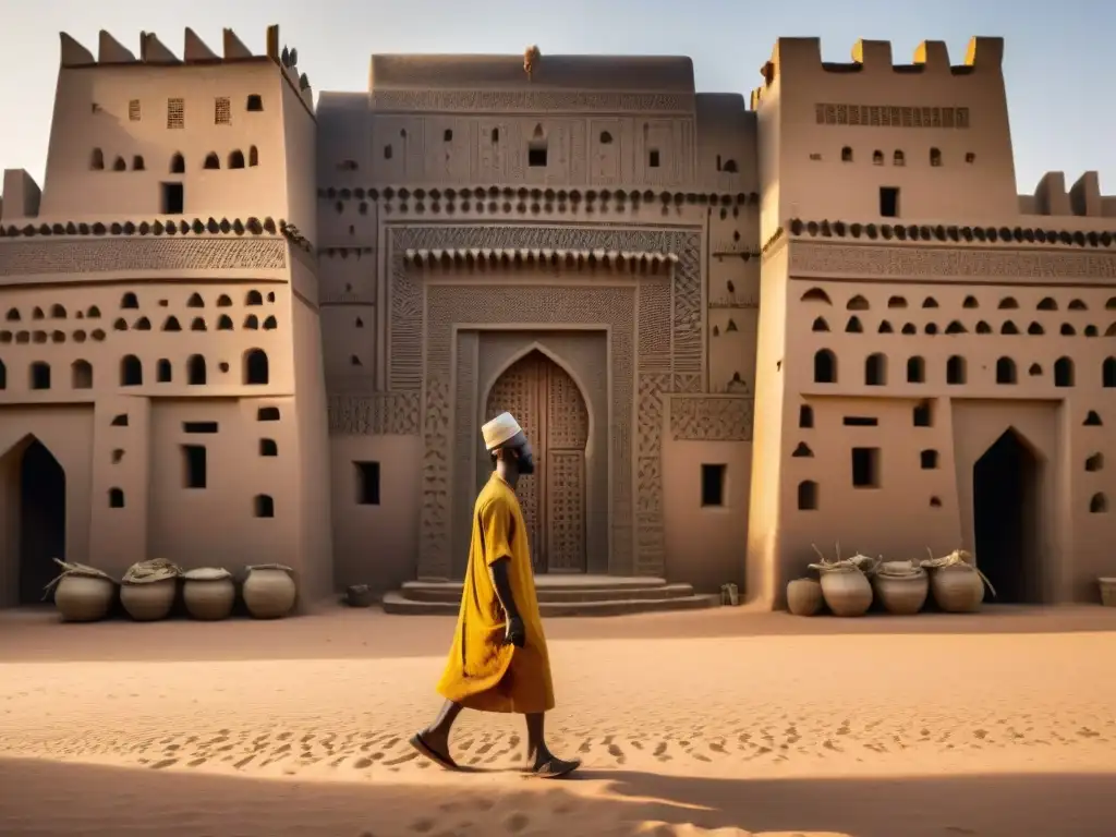 Detalle de la Gran Mezquita de Djenné en Mali con mercado y comercio, fusionando historia, arquitectura y economía africana al atardecer