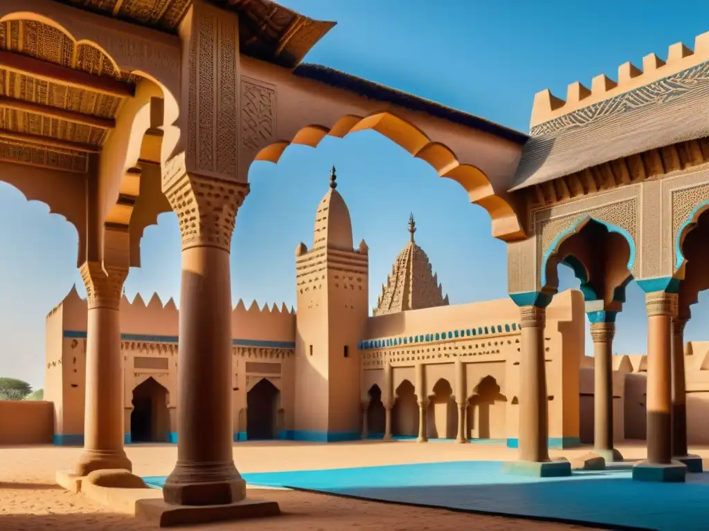 Detalle de la Gran Mezquita de Djenné en Mali, fusionando técnicas de construcción africanas con influencias arquitectónicas islámicas