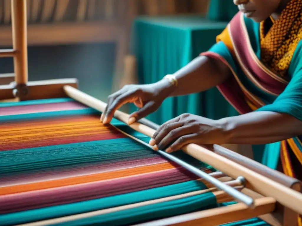 Detalle de las hábiles manos de Aïssa Dione tejiendo textiles Mandjak en telar de madera, resaltando la artesanía y tradición africana