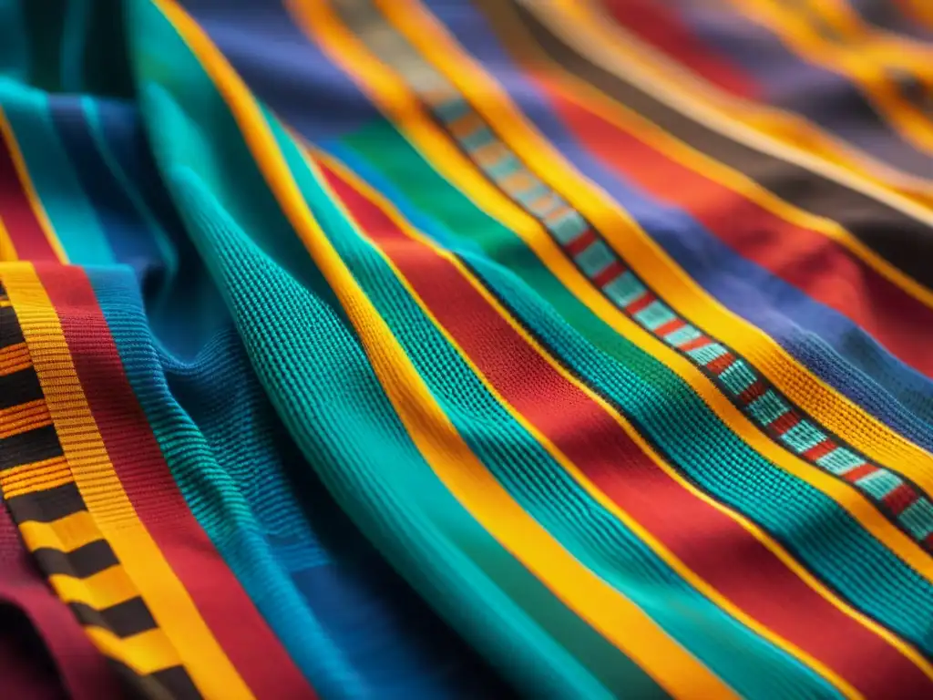 Detalle de un hermoso tejido Kente de Ghana, con colores vibrantes y patrones geométricos intrincados