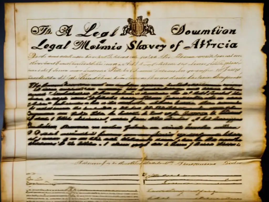 Detalle histórico: documento legal sobre sistemas de esclavitud en África, con texto manuscrito en pergamino envejecido