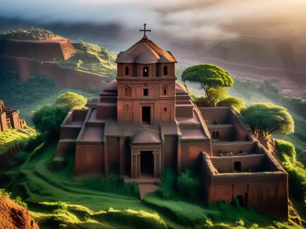 Detalle de iglesias talladas en roca en Lalibela, Etiopía, con rayos de luz iluminando pasadizos antiguos y cruces ornamentadas