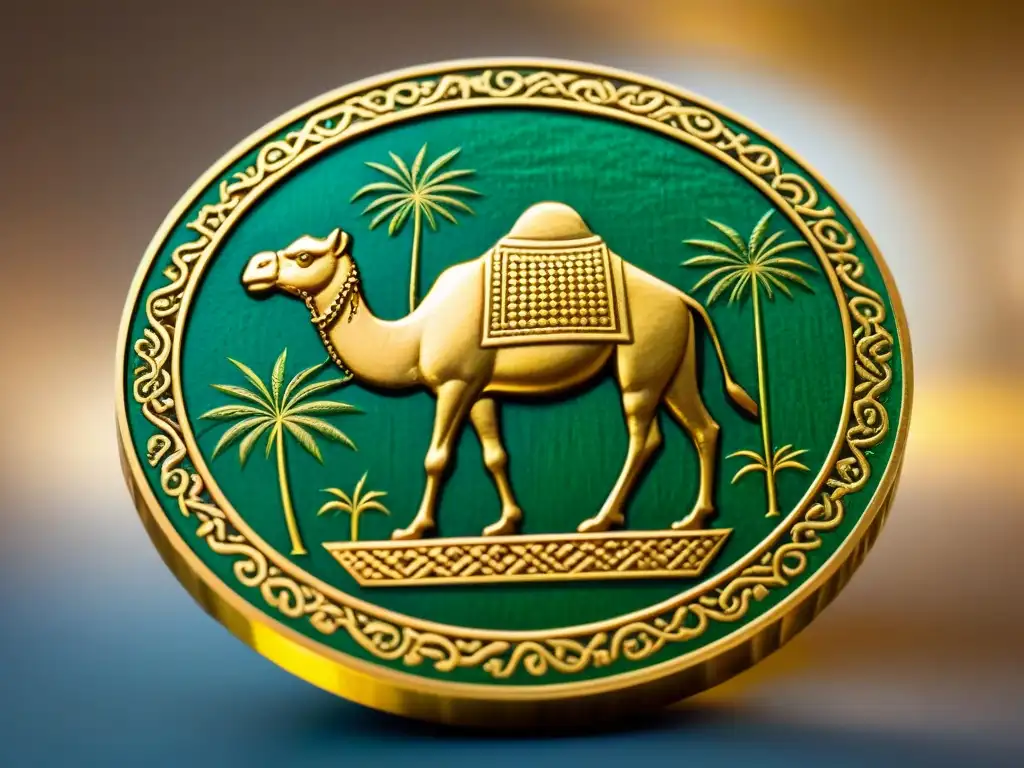 Antigua moneda de oro del comercio transahariano: detallados grabados de camellos y palmeras Detalle impresionante de una antigua moneda de oro del Comercio Transahariano, con grabados de camellos y palmeras