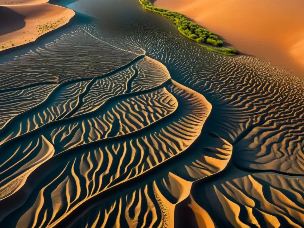 Detalle impresionante de antiguos sistemas de irrigación en el Sahara, con canales entrelazados y ruinas de piedra