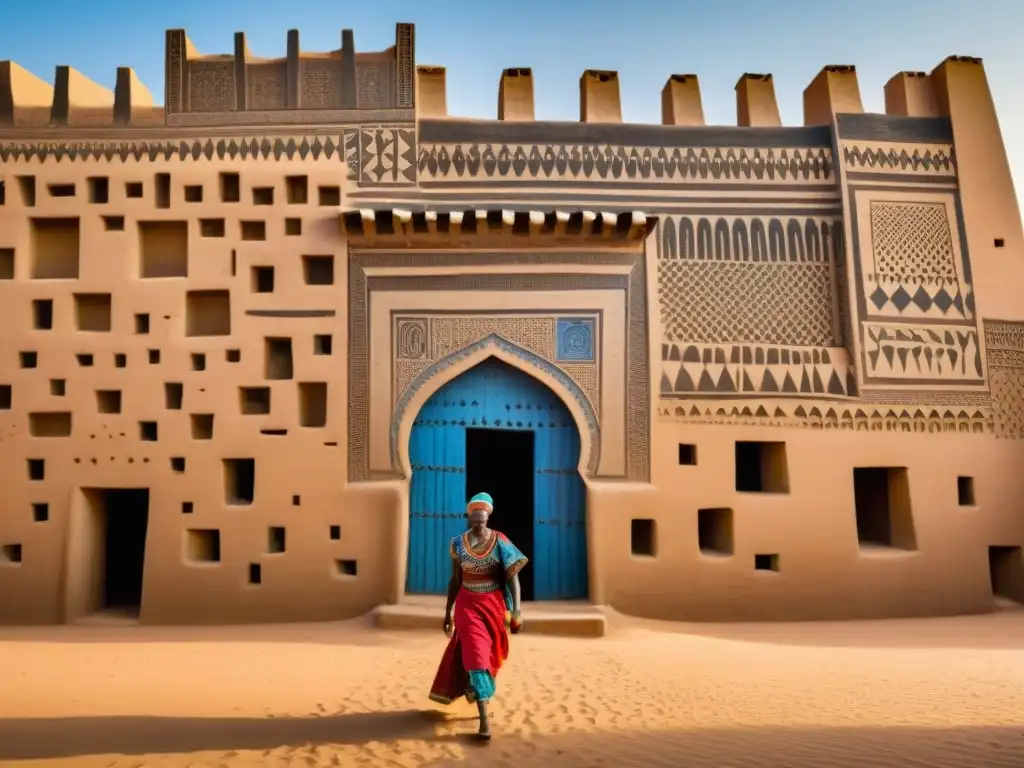 Detalle impresionante de la arquitectura de barro en Djenné, Mali, resaltando su belleza y diseño únicos bajo el cielo azul claro