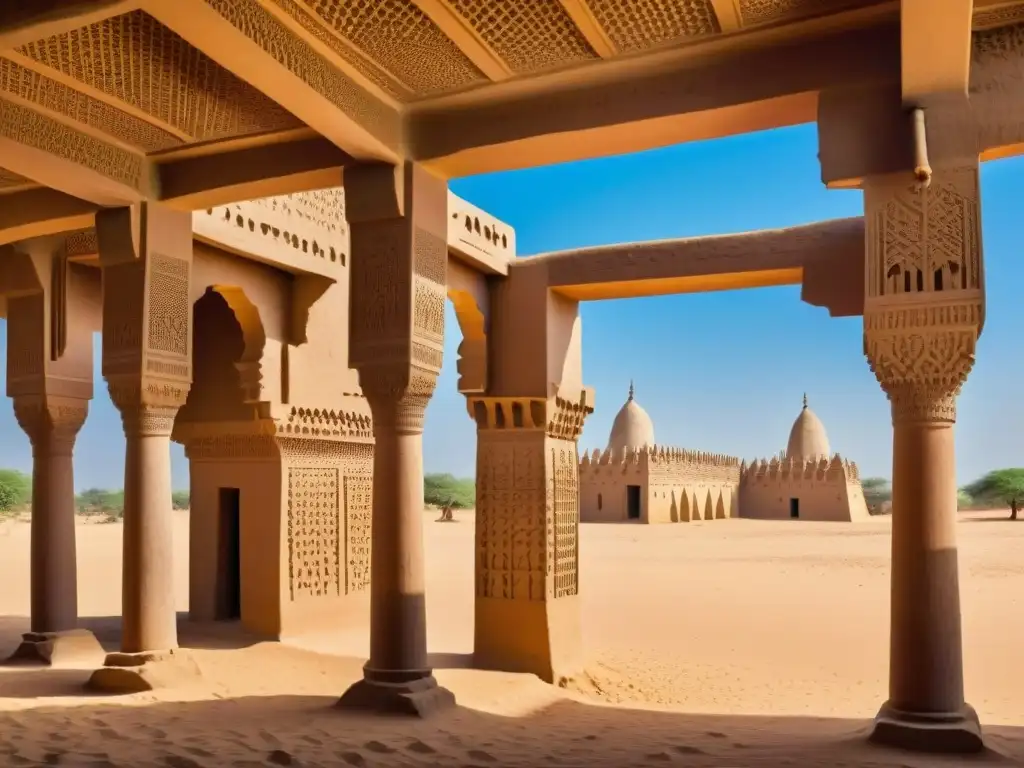 Detalle impresionante de la arquitectura defensiva palaciega Sahel en la Gran Mezquita de Djenné, Mali