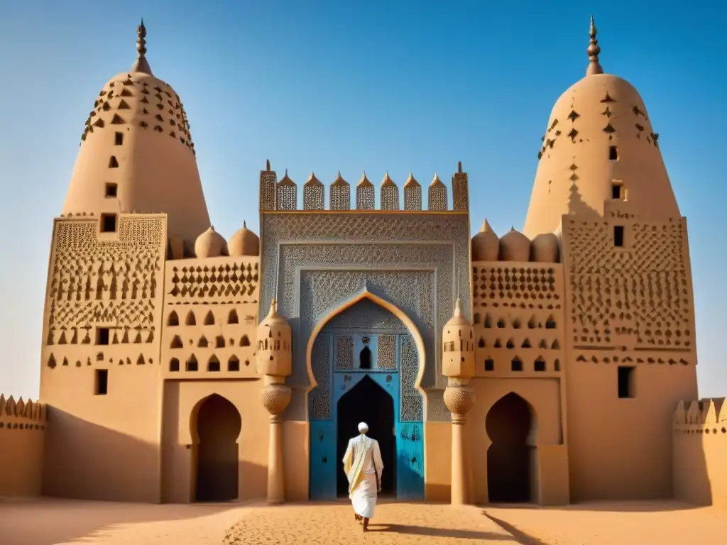 Detalle impresionante de la arquitectura de la Gran Mezquita de Djenné en Mali, destacando la fusión de estilos islámicos y africanos