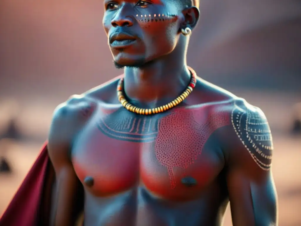 Detalle impresionante de las cicatrices de un guerrero Maasai, revelando el significado tatuajes tradicionales africanos