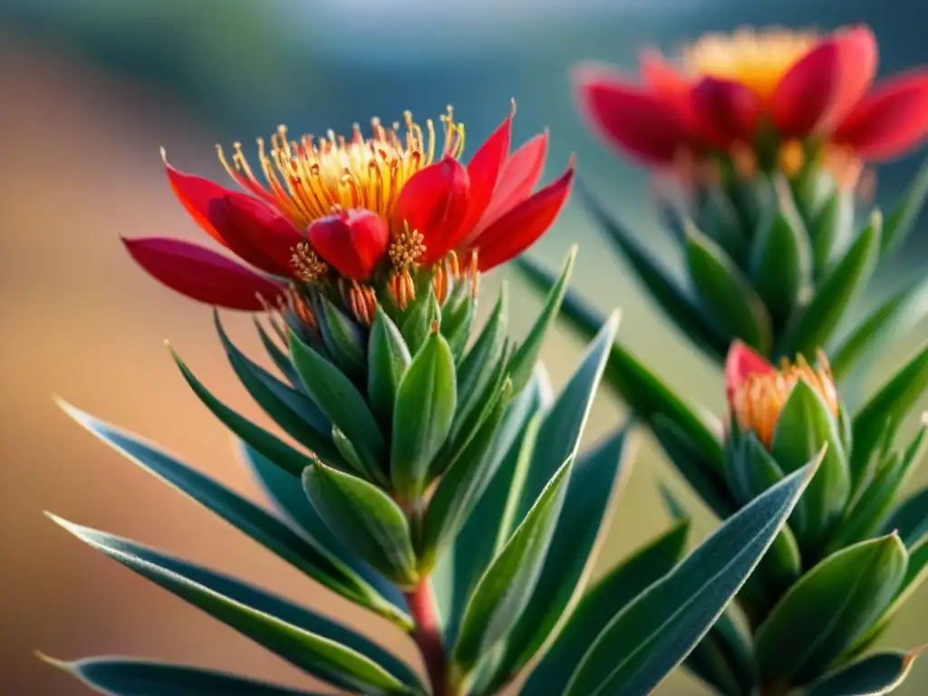 Detalle impresionante de las flores rojas vibrantes de la planta Rooibos, destacando la influencia de plantas medicinales africanas