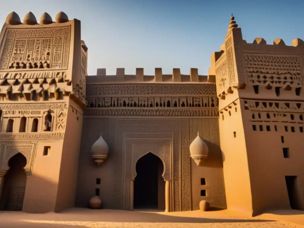 Detalle impresionante de la Gran Mezquita de Djenné en Mali bajo el sol africano, resaltando la economía de construcciones precoloniales africanas