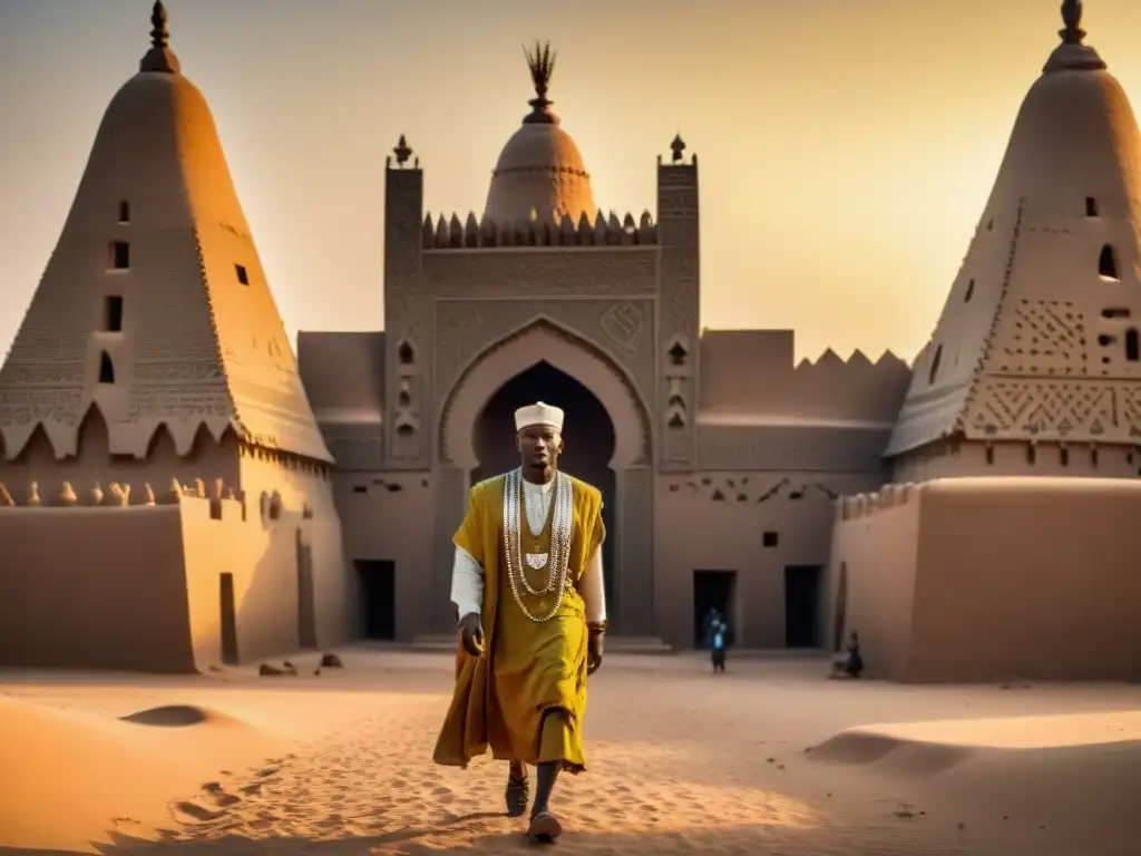 Detalle impresionante de la Gran Mezquita de Djenné en Mali al atardecer, evocando el legado histórico del Imperio de Mali