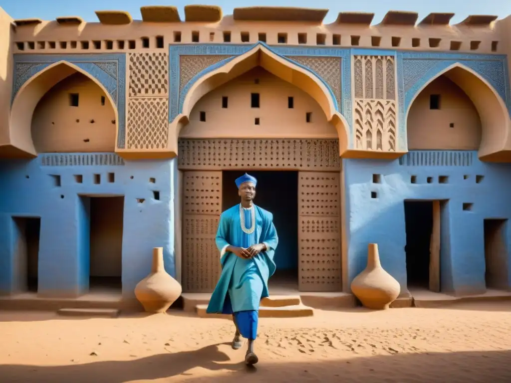 Detalle impresionante de la Gran Mezquita de Djenne en Mali, con su arquitectura de ladrillo de barro y minaretes, bajo un cielo azul