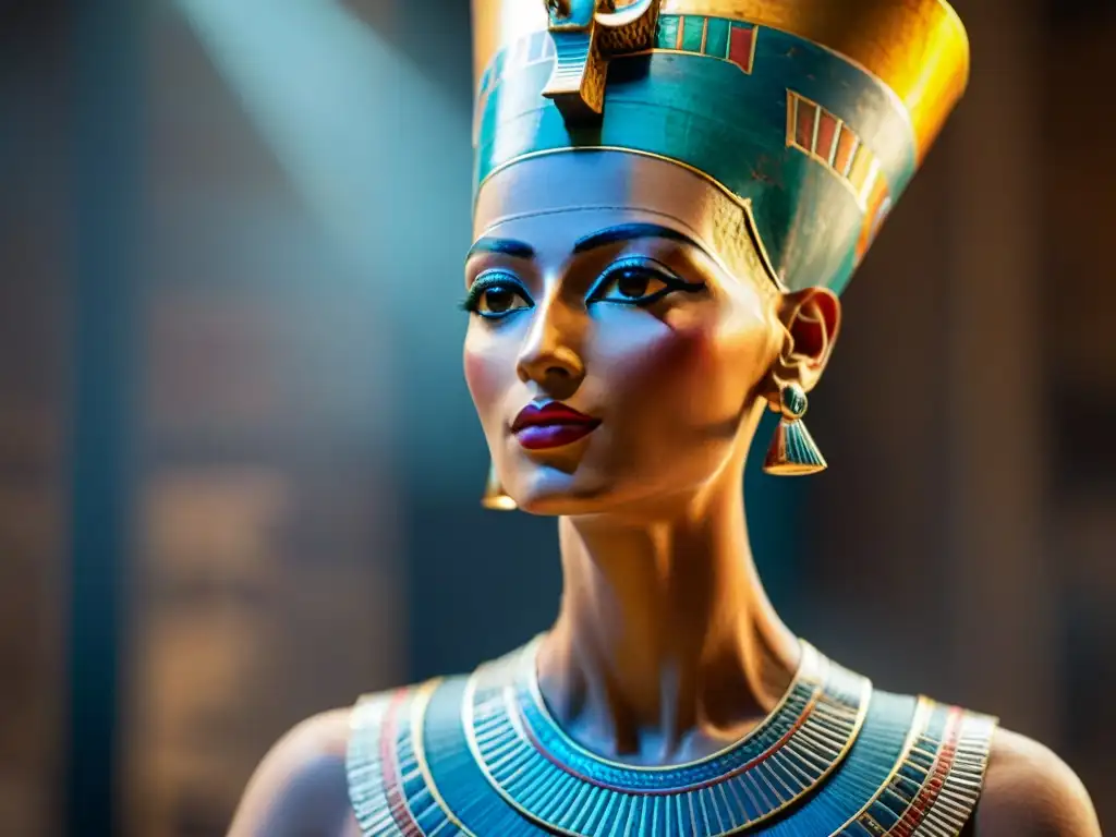 Detalle impresionante de la icónica busto de Nefertiti, reflejando códigos de belleza en Egipto