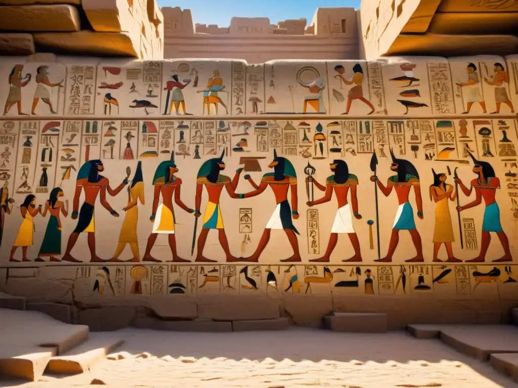 Descubre las fascinantes jeroglíficos del Templo de Karnak Detalle impresionante de jeroglíficos y grabados en el Templo de Karnak, con juego de luz entre columnas antiguas