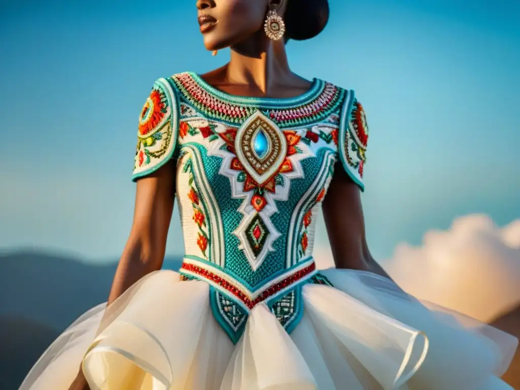 Detalle impresionante de un vestido de novia africano fusionando patrones tradicionales y diseño moderno