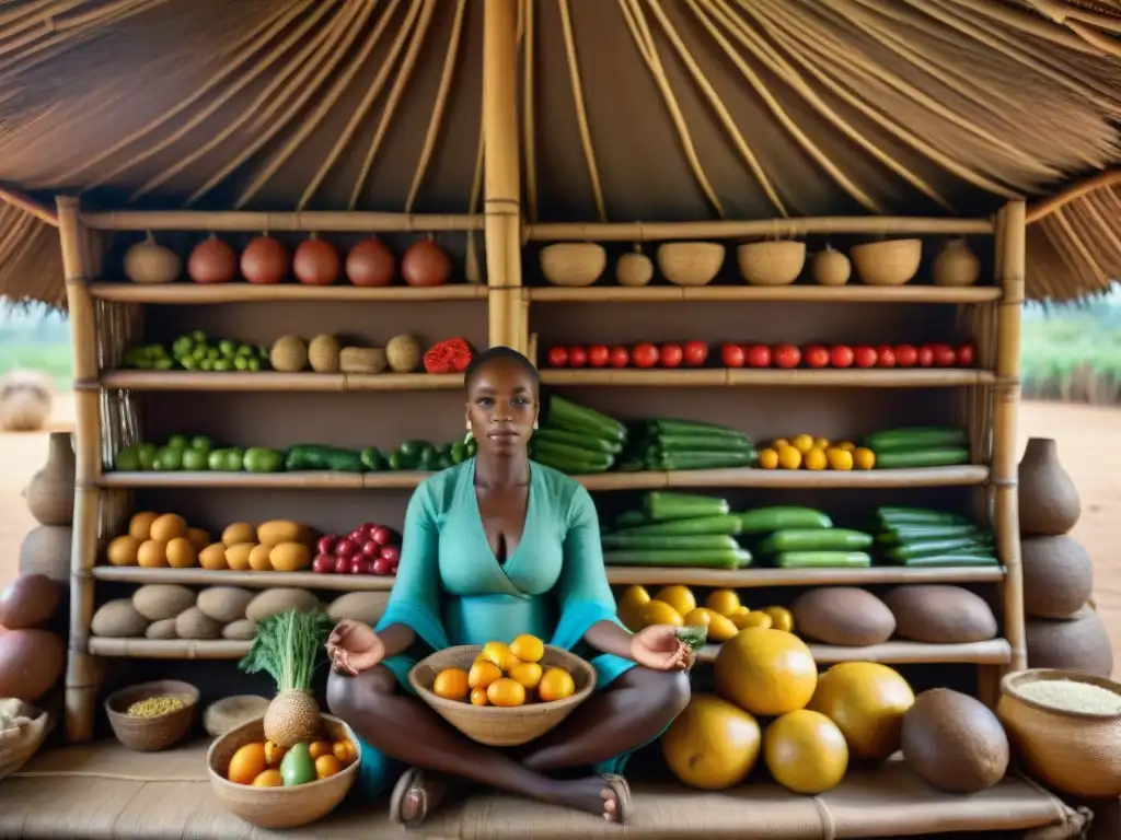 Detalle de ingeniosas técnicas de conservación de alimentos con hut africano y productos coloridos en estantes de madera bajo luz solar