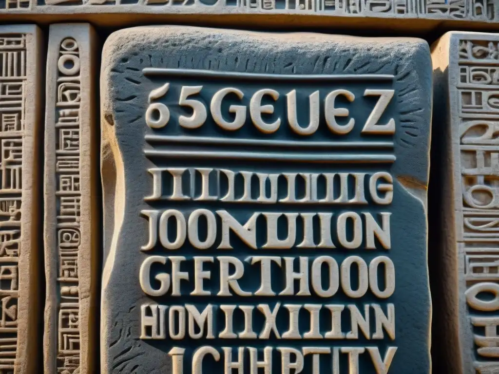 Detalle de inscripciones en ge'ez talladas en piedra, simbolizando la complejidad de los sistemas de escritura africanos