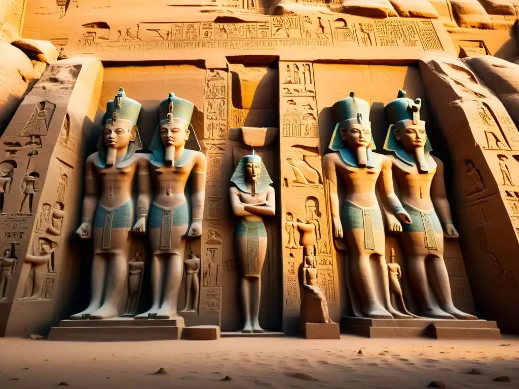 Detalle de las intrincadas inscripciones jeroglíficas en el Templo de Ramsés II en Abu Simbel, Egipto, Nubia