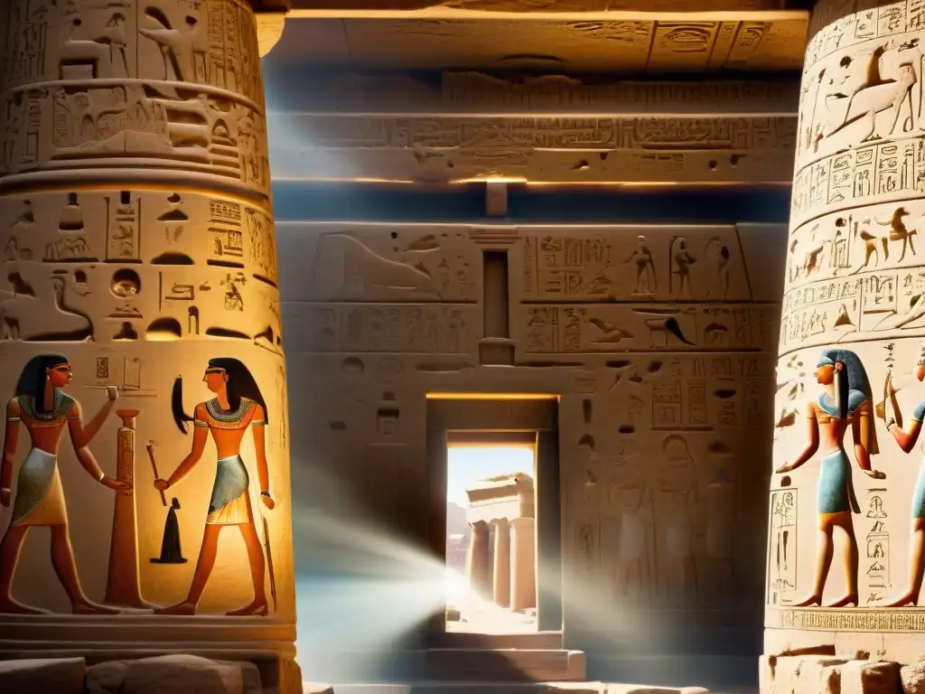 Templo de Philae: Intrincadas inscripciones bajo la luz divina Detalle de las intrincadas inscripciones en el Templo de Philae, lugares sagrados del Antiguo Egipto