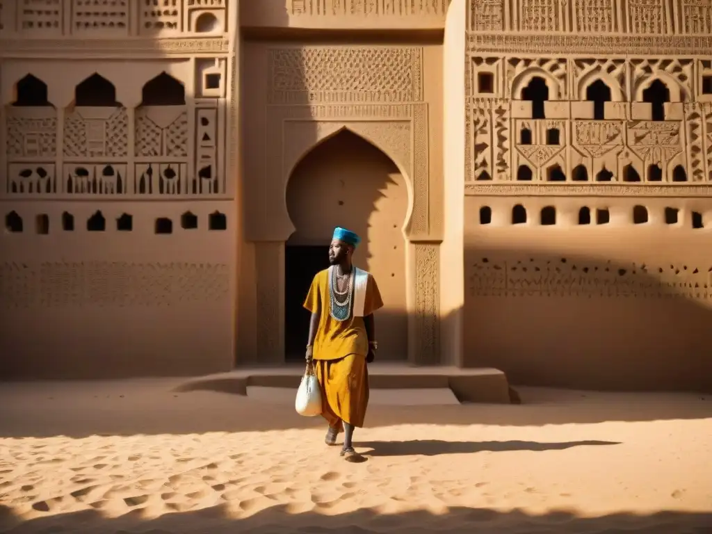 Detalle de las intrincadas talla y patrones geométricos en la Gran Mezquita de Djenné, resaltando la arquitectura sagrada de civilizaciones africanas