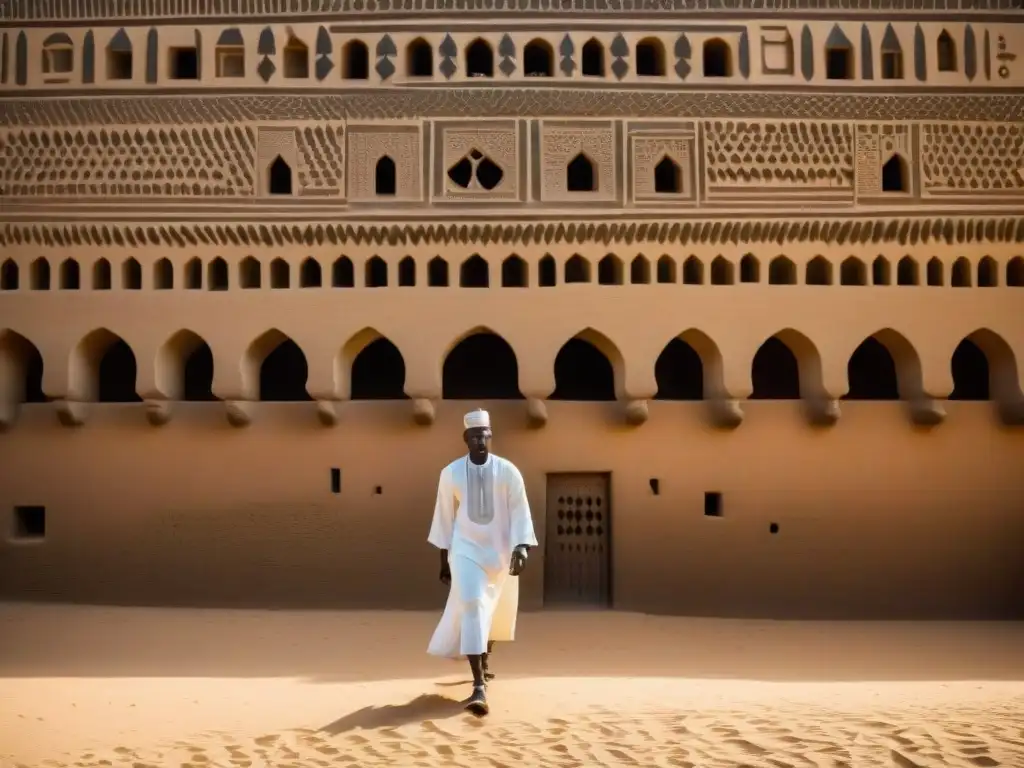 Detalle de las intrincadas tallas y patrones geométricos en la Gran Mezquita de Djenné, resaltando la antigua arquitectura de barro y el estilo Sudano-Saheliano, en un juego de luz y sombra