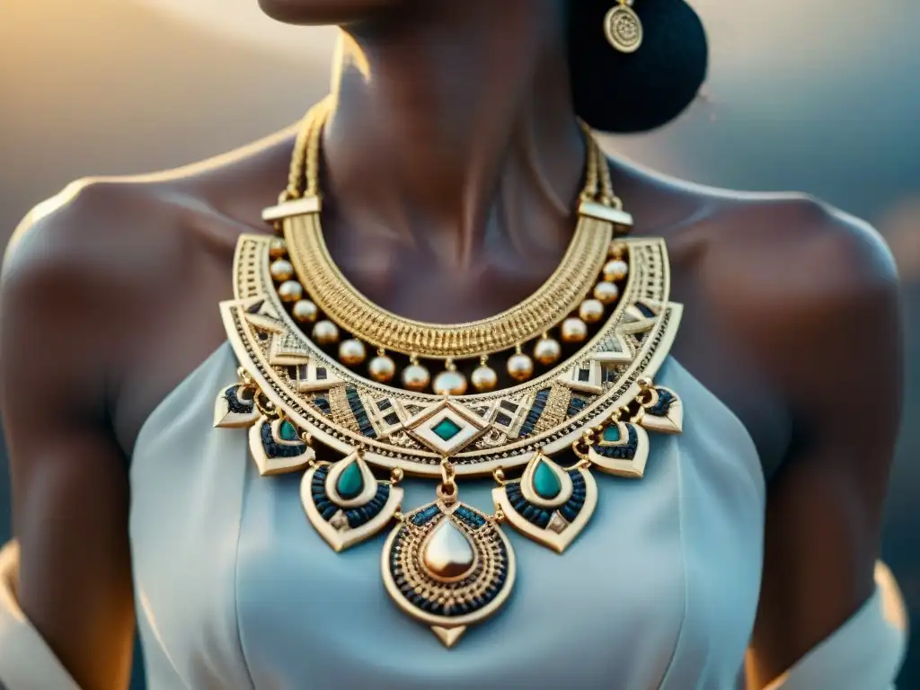 Detalle intrincado de collar dorado con motivos africanos en alta joyería, resaltando artesanía y diseño