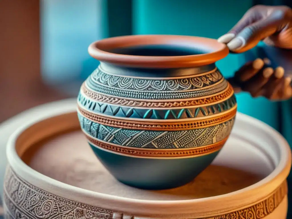 Detalle intrincado de una olla cerámica africana tradicional con patrones tallados a mano que fusionan paisajes terrenales y celestiales