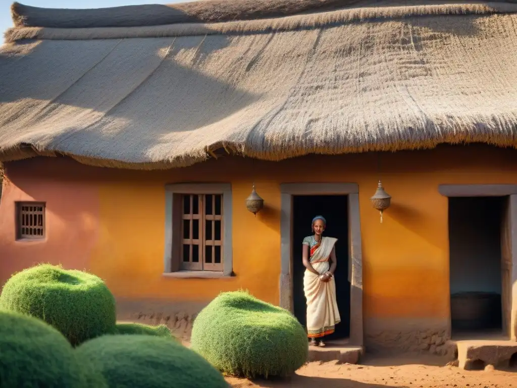 Detalle del intrincado techo de paja de una casa Tukul en Etiopía, resaltando el diseño tradicional