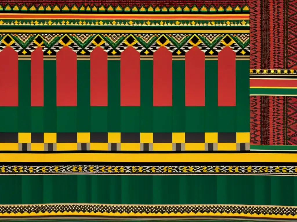 Detalle intrincado de un tejido africano Kente en rojo, dorado y verde, resaltando la complejidad del legado africano en ciencia