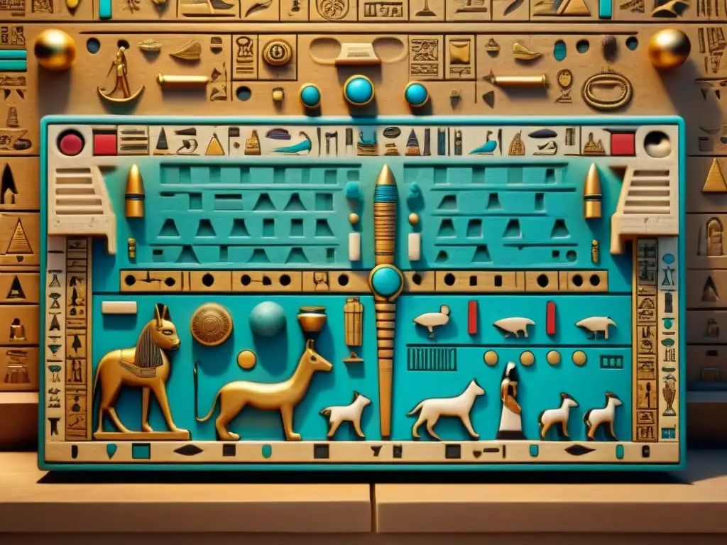 Detalle del juego real senet Egipto tallado con jeroglíficos y símbolos animales, en un ambiente misterioso y rico en historia