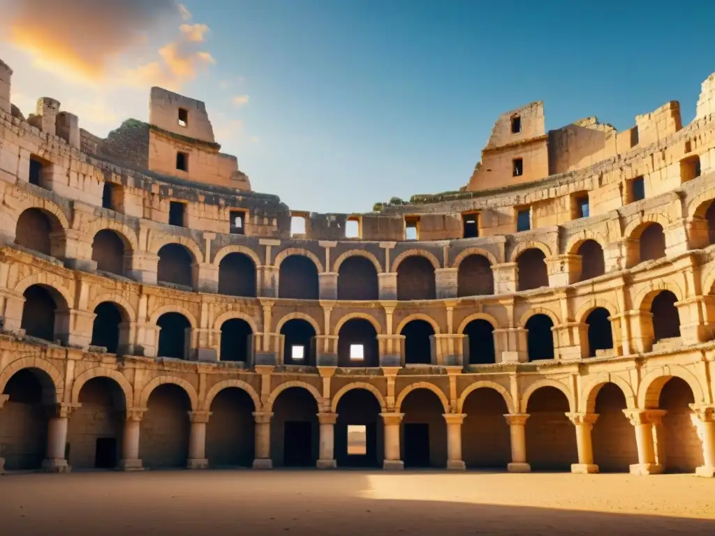 Detalle majestuoso del anfiteatro romano en El Djem, Túnez, bajo la luz dorada del atardecer