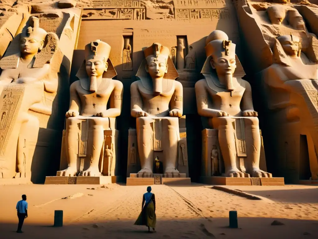 Detalle majestuoso de las intrincadas jeroglíficos y estatuas del templo de Abu Simbel en Egipto, comparado con la arquitectura monumental de Nubia