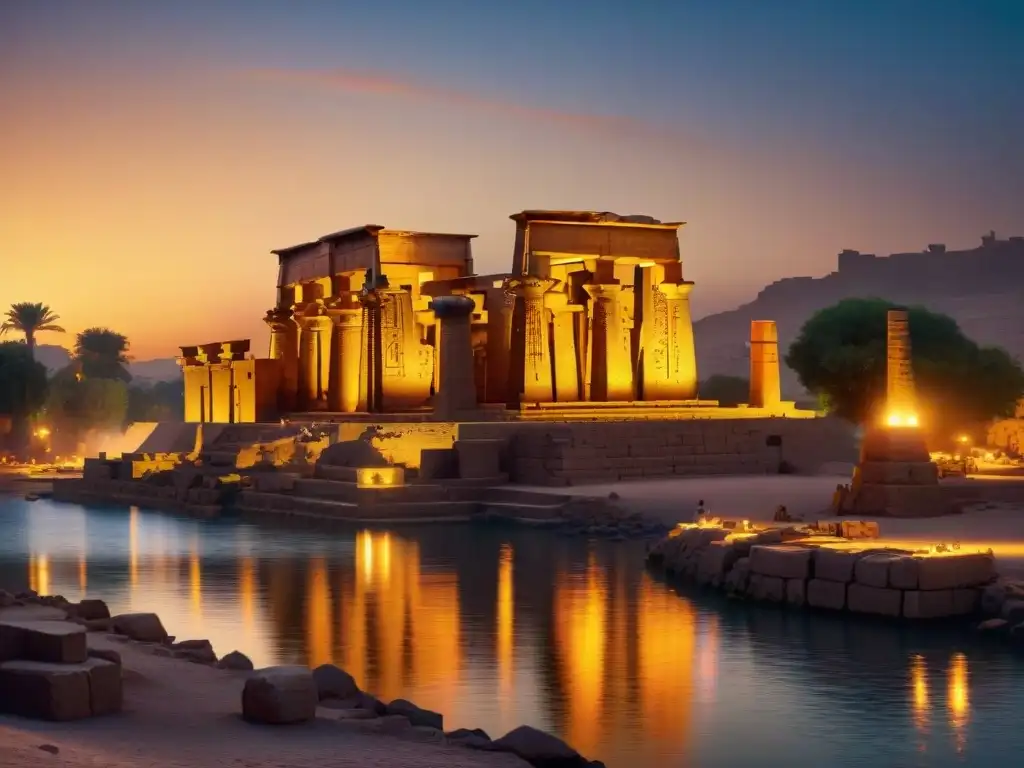 Detalle del majestuoso Templo de Philae al atardecer, reflejado en las aguas tranquilas del Nilo