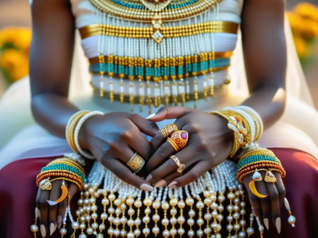 Detalle de manos de novia africana con joyería dorada y de cuentas, inspiración joyería nupcial africana