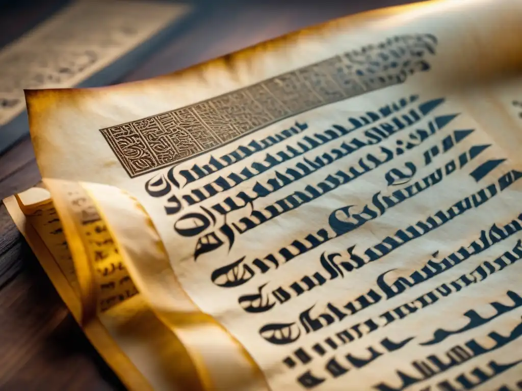 Detalle de manuscrito africano antiguo con caligrafía en tinta negra sobre pergamino envejecido, evocando técnicas antiguas de escritura en África