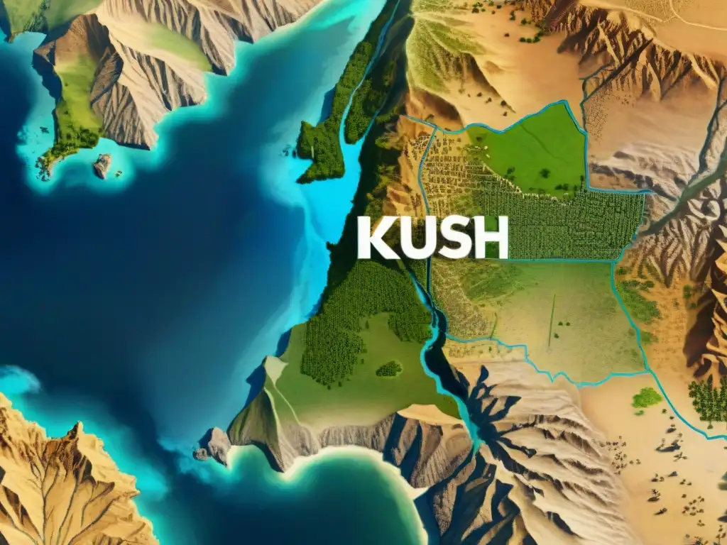 Mapa detallado del Reino de Kush: poder militar y estructuras gubernamentales Detalle del mapa detallado del Reino de Kush en su apogeo, destacando su poder militar y estructuras gubernamentales