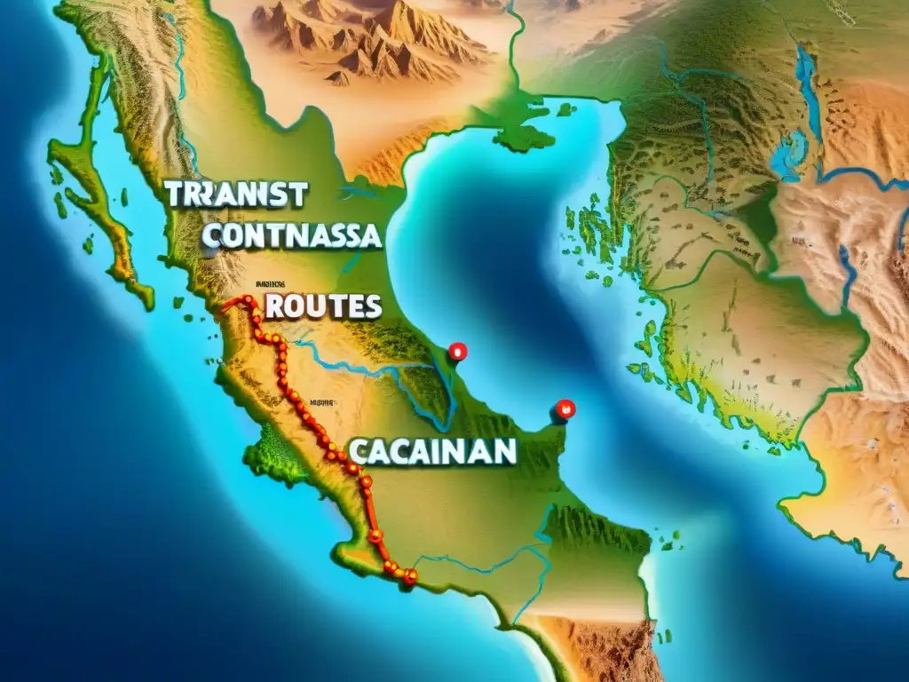 Detalle del mapa de rutas comerciales transaharianas con ilustraciones coloridas de caravanas de camellos y escenas de mercados, representando el declive del Comercio Transahariano por diversos factores