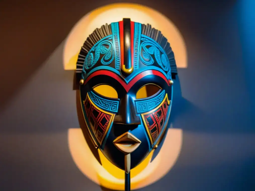 Máscara africana tallada en ébano con detalles vibrantes Detalle de máscara africana tallada en ébano con pigmentos rojos, azules y amarillos, en museo con iluminación suave
