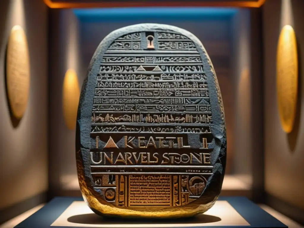 Detalle meticuloso de la réplica de la Piedra Rosetta en una habitación tenue, destacando su importancia histórica y la artesanía