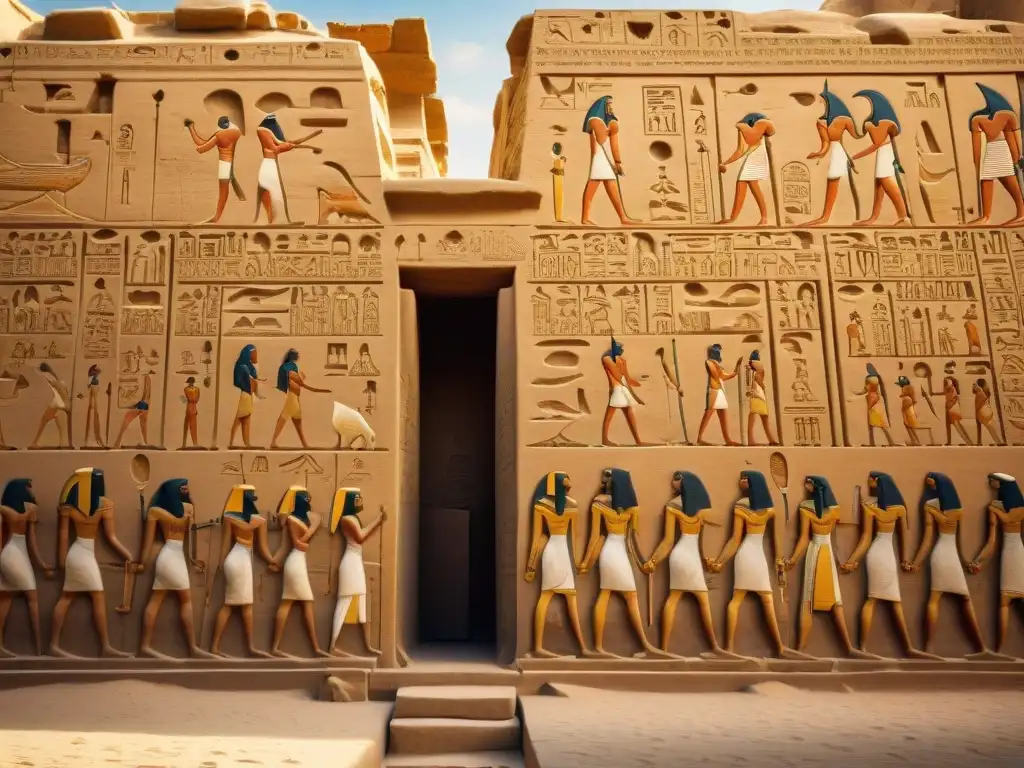 Detalles misteriosos: Jeroglíficos del templo de Karnak Detalle de los misteriosos jeroglíficos del templo de Karnak, revelando la religión egipcia antigua misterios