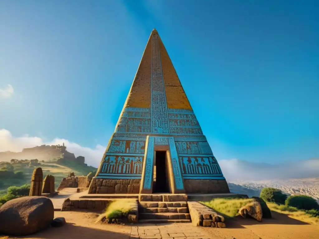 Detalle del Obelisco de Aksum con inscripciones y grabados, en contraste con el cielo azul