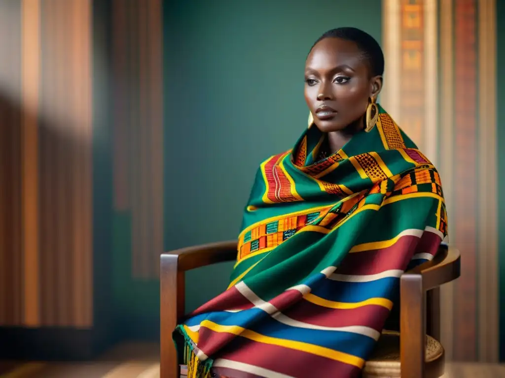 Detalle de un paño africano Kente en una silla de madera, resaltando la iconografía de los Reinos Africanos