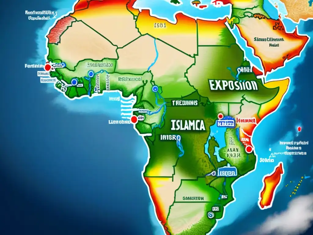 Detalle preciso del mapa de la expansión del islam en África, mostrando rutas e influencia en distintas regiones y ciudades