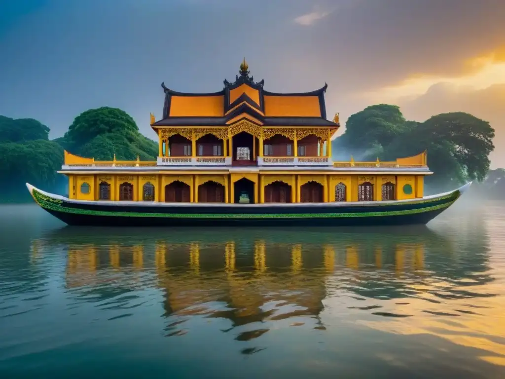 Detalle del suntuoso palacio flotante en el reino de Benín, con tallados y colores vibrantes