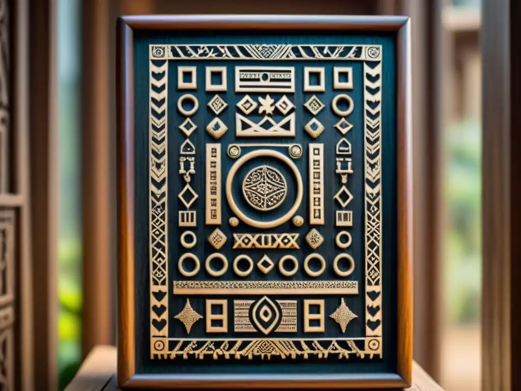 Detalle de tablilla de madera con símbolos Adinkra, resaltando la artesanía y simbolismo de la escritura africana