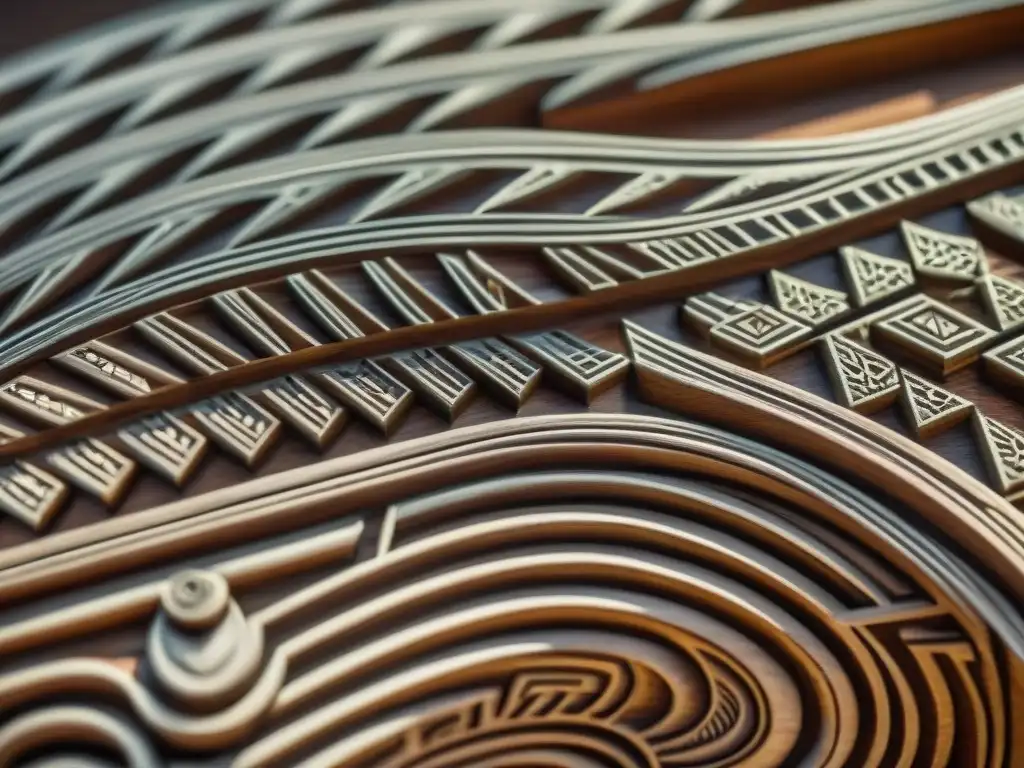 Detalle tallado de un patrón geométrico africano en madera, reflejando la complejidad del legado africano en ciencia y arte