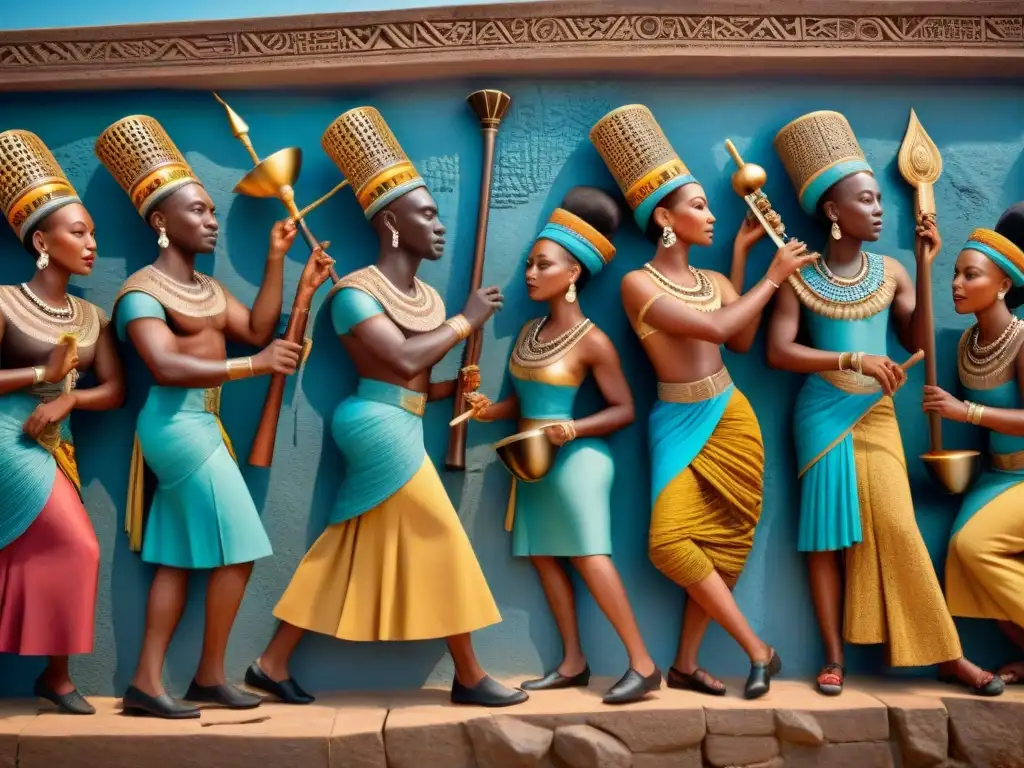 Detalle tallado en piedra de expresiones artísticas imperios africanos: músicos, bailarines y mercado bullicioso