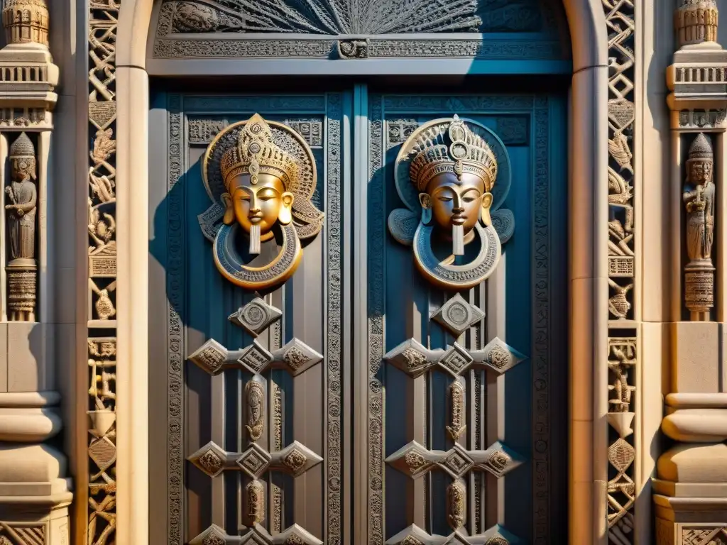 Intrincadas tallas: Fusión cultural en puerta de catedral europea Detalle de tallados en puerta de catedral antigua en Europa, fusionando figuras simbólicas con patrones tribales africanos