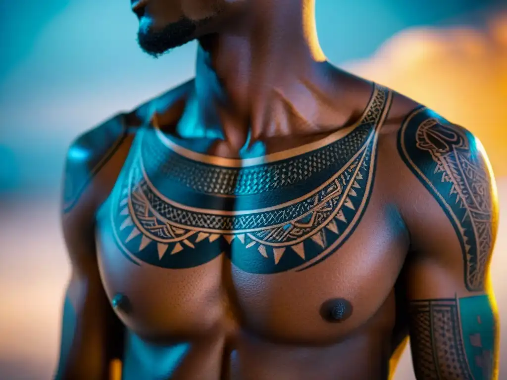 Detalle de tatuajes tradicionales africanos, mostrando símbolos y patrones con rico significado cultural