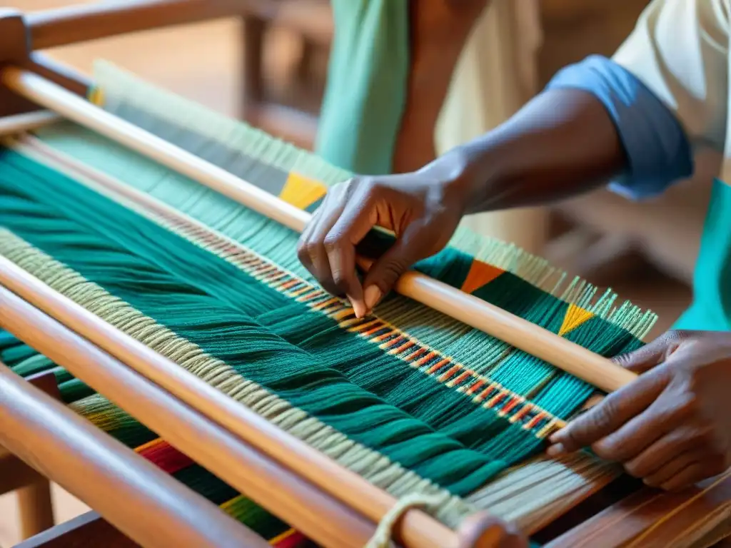 Tejido artesanal africano: tradición y destreza en vibrantes colores Detalle de tejido africano en telar de madera, resaltando la influencia cultural africana en Europa
